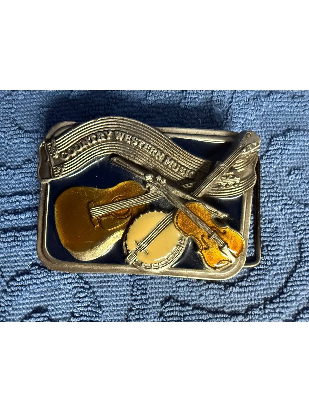 Country Western Music Belt Buckle Guitar Banjo Fiddle Vintage 1984 Bergamot
